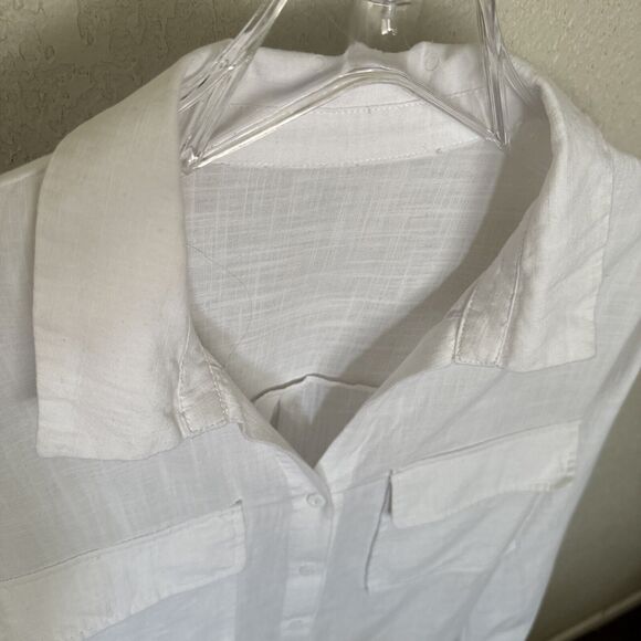 White Linen Collarless Button Shirt Roll Tab Sleeve Women’s Size XL Pock… - Picture 6 of 11